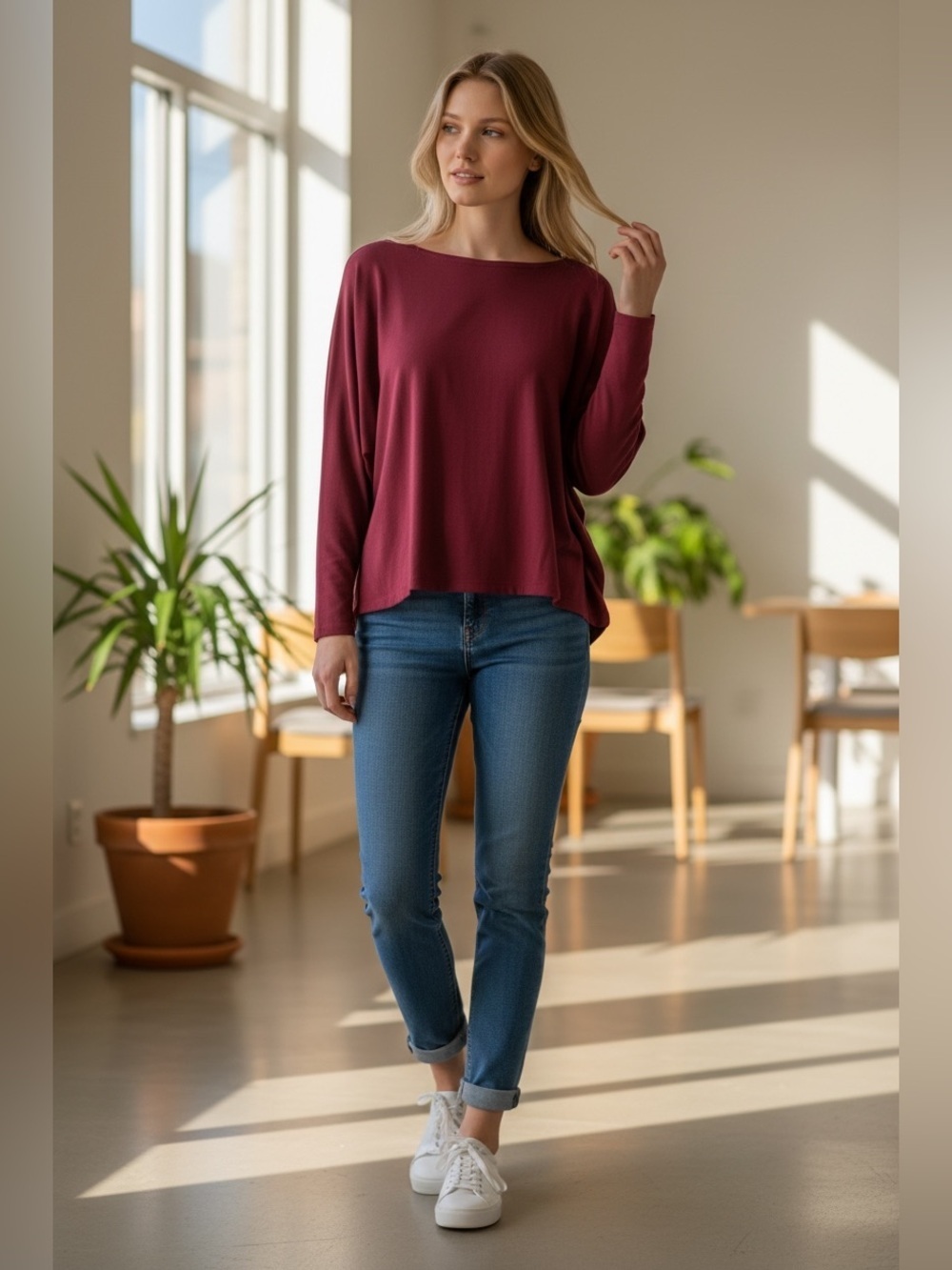 Tahari Wine Relaxed Boatneck Long-Sleeve Top